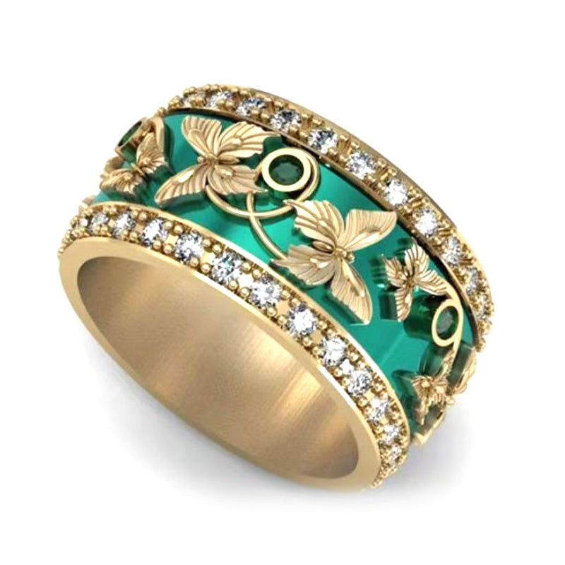 Green Butterfly Inlaid Zircon Ring