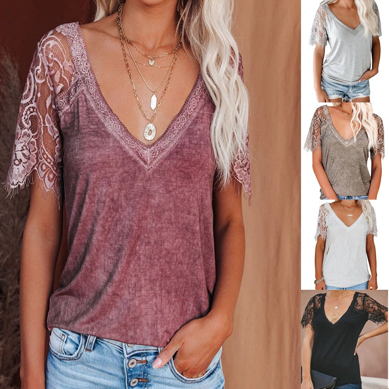 Women's V Neck Lace Sleeves Shirt